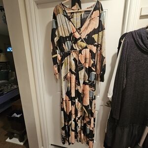 Xtaren 3X Floral V-Neck Maxi Dress - Black and Peach